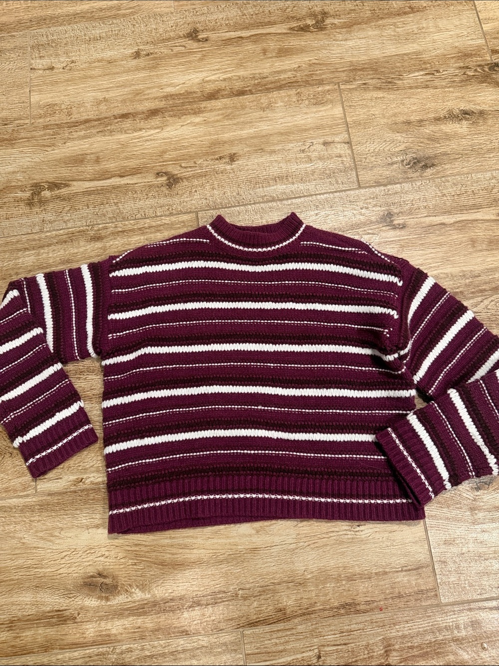 Ann Taylor Striped Crewneck Sweater in Burgundy and White